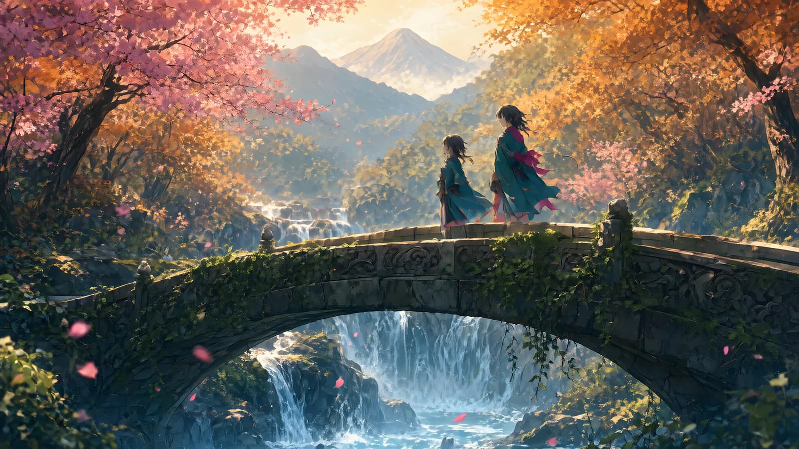 Two Figures on a Stone Bridge