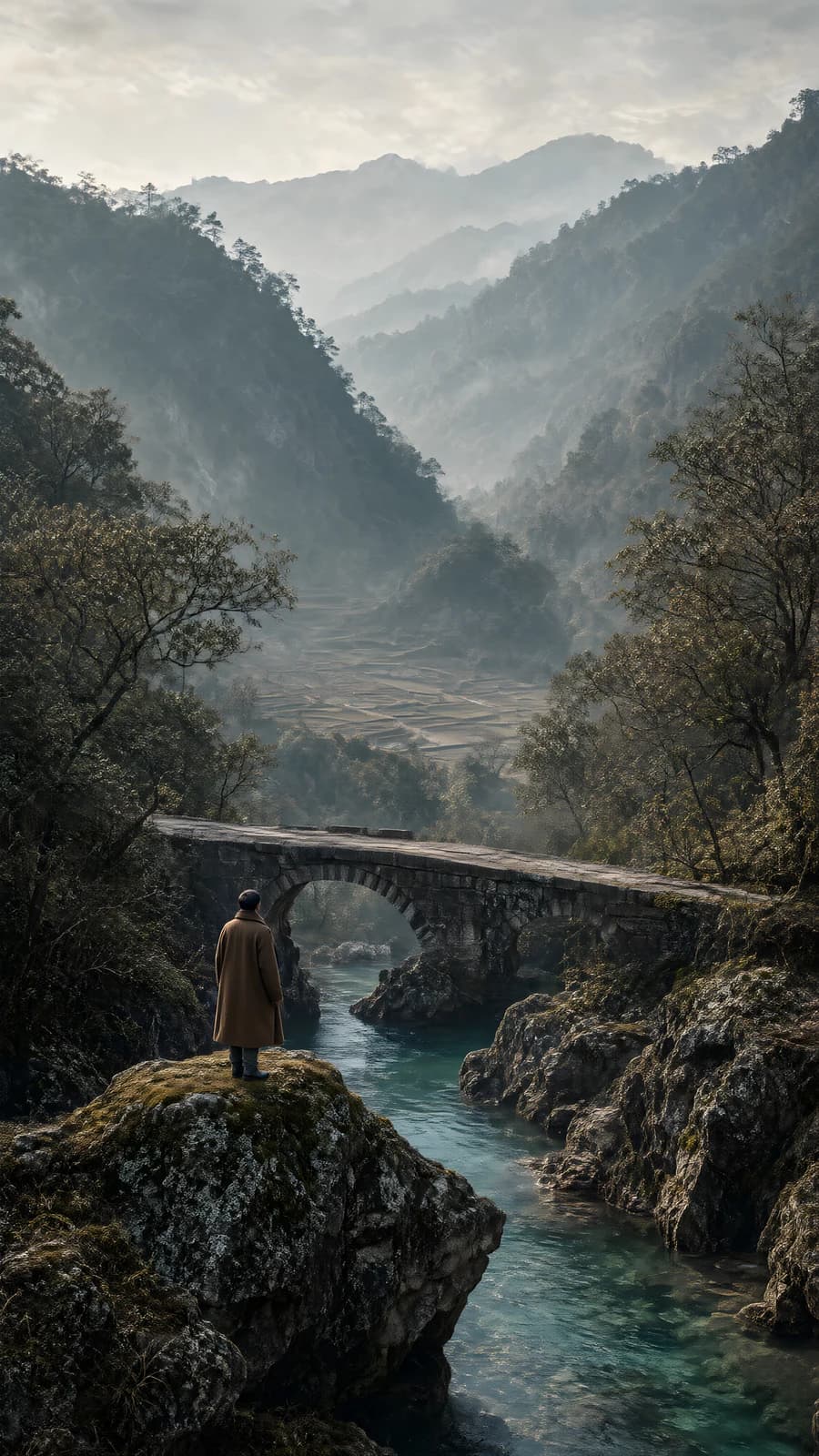 Figure on a Rock by a Stone Bridge