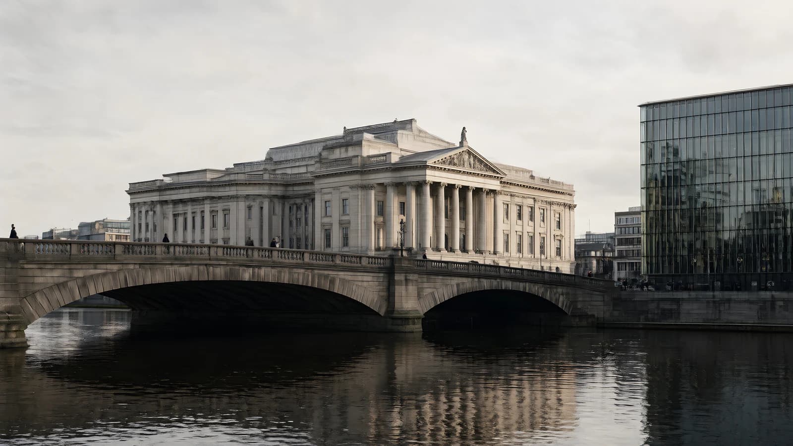 Classical Building on a River Bridge