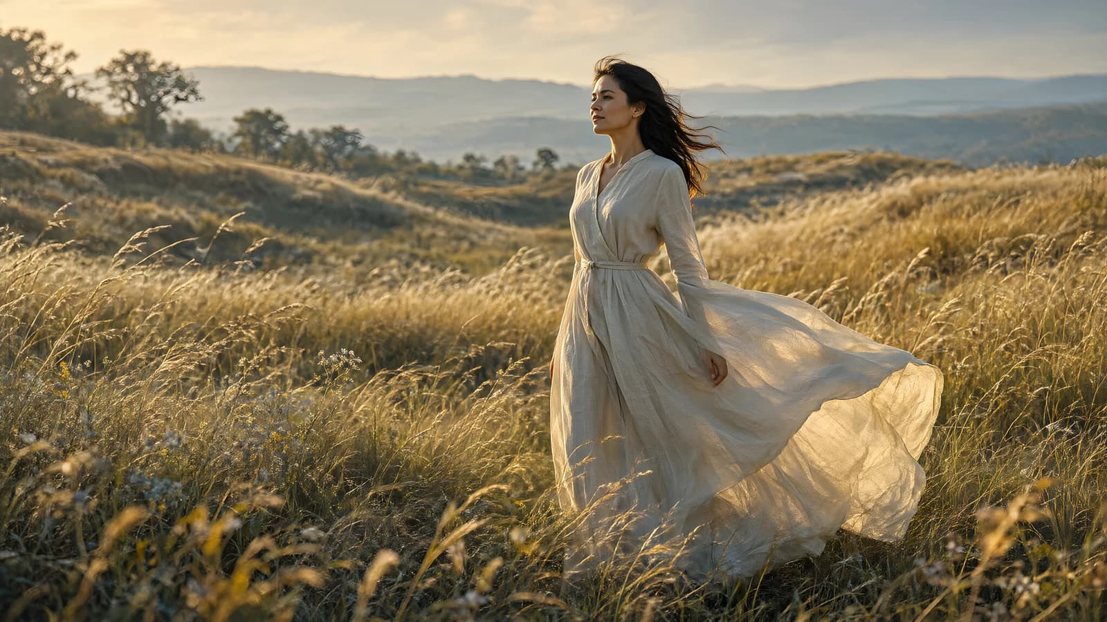 Woman in a Flowing Dress in a Golden Field