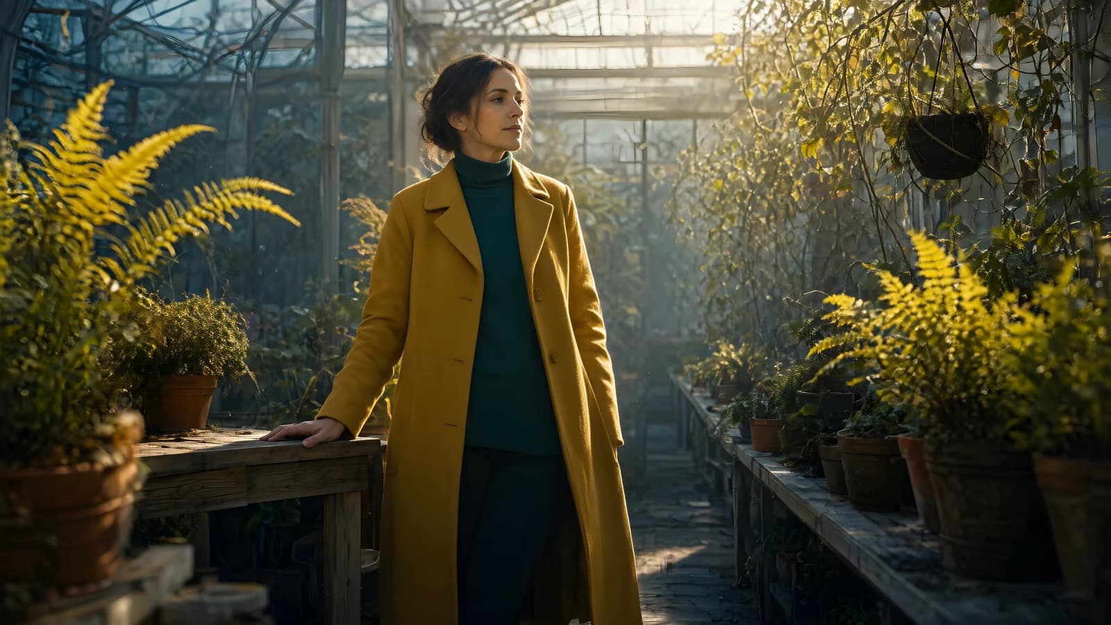 Woman in a Sunlit Greenhouse