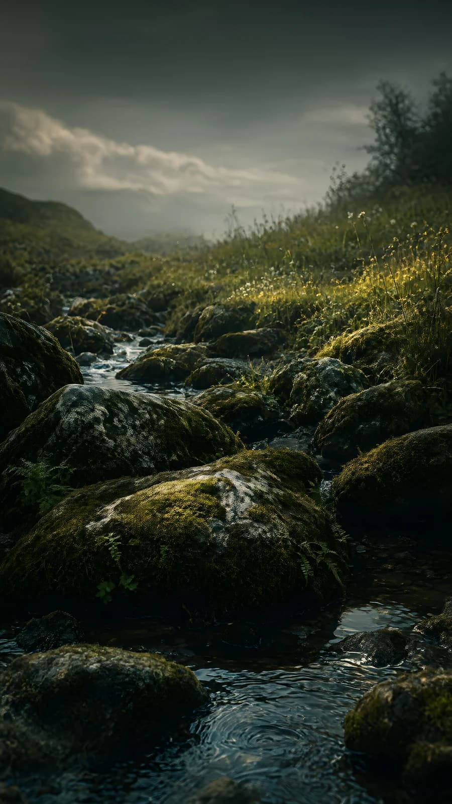 Mossy Stream in a Misty Valley