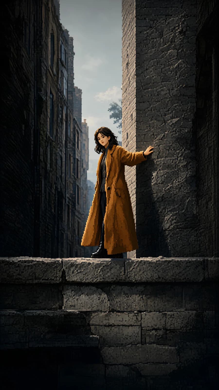 Figure in a Coat on Stone Steps
