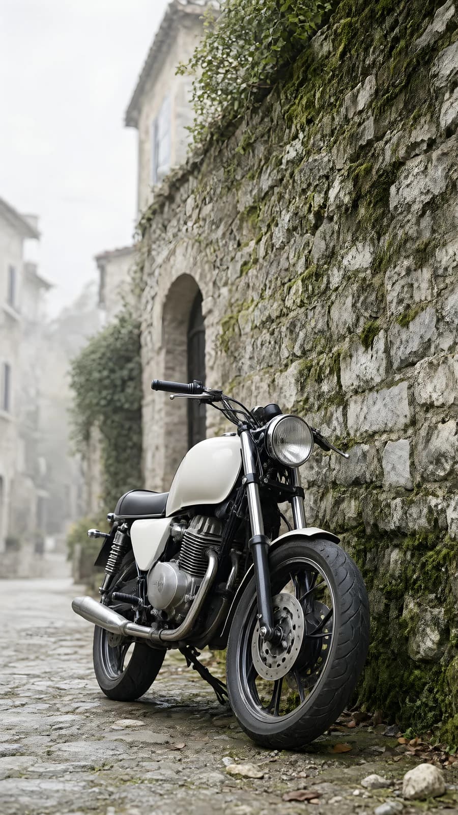 White Cafe Racer on Cobblestones