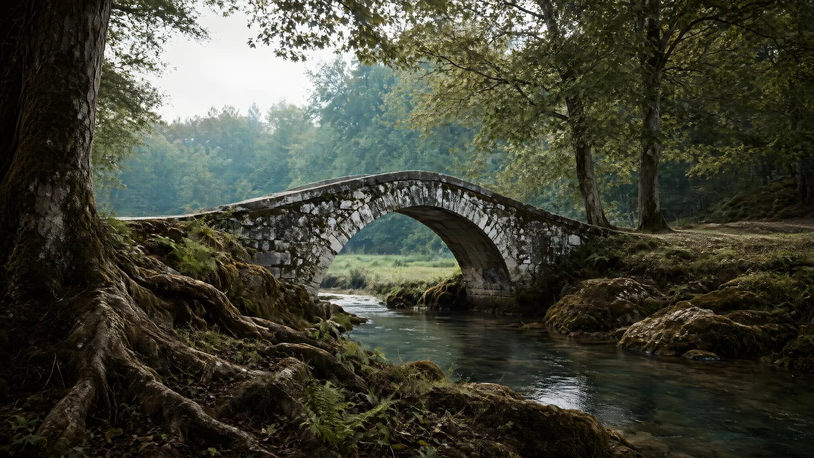 Stone Arch Bridge Over a Forest Stream