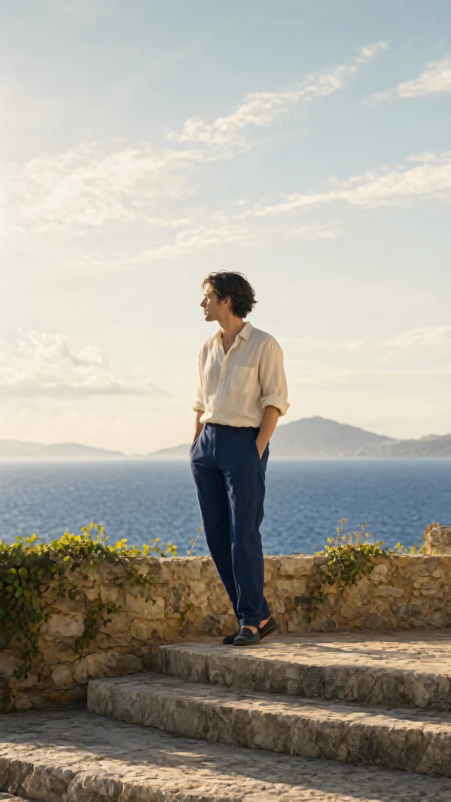 Man on Stone Steps by the Sea