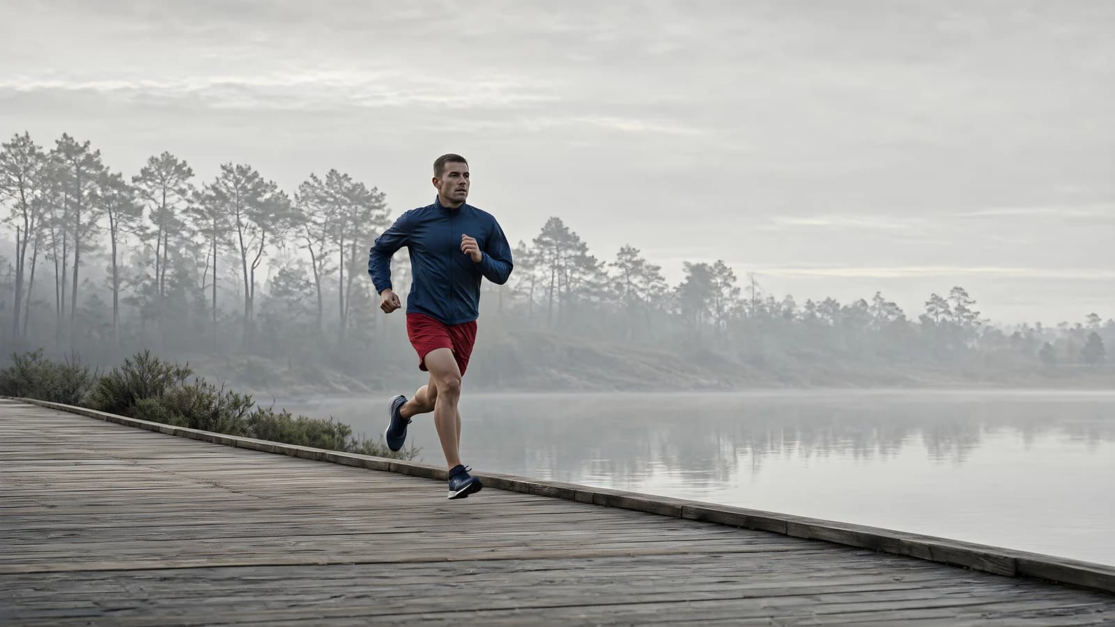 Runner on a Misty Boardwalk