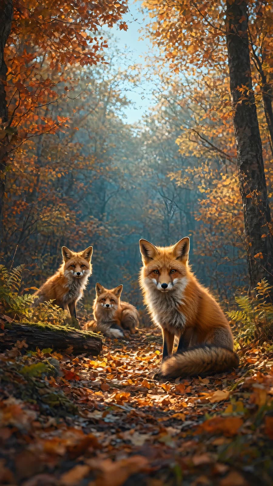 Three Red Foxes in an Autumn Forest