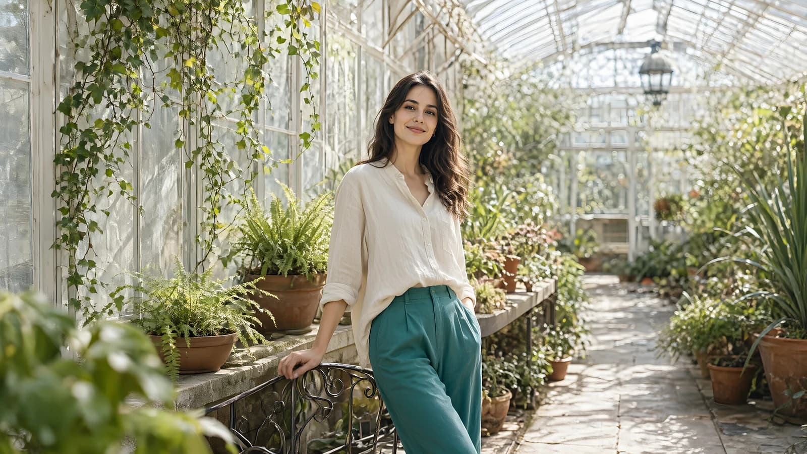 Woman in a Sunlit Greenhouse