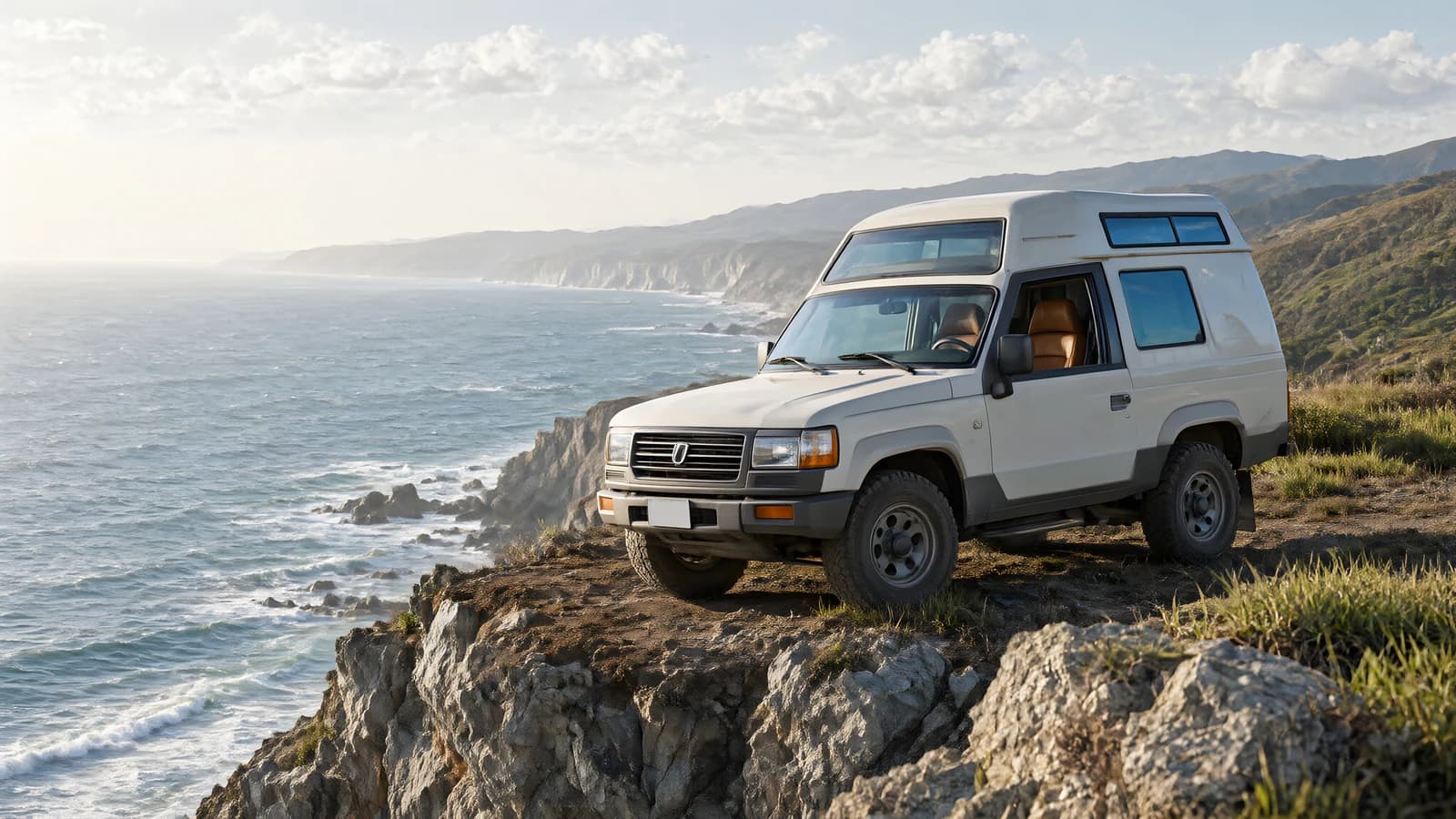 White SUV on Coastal Cliff