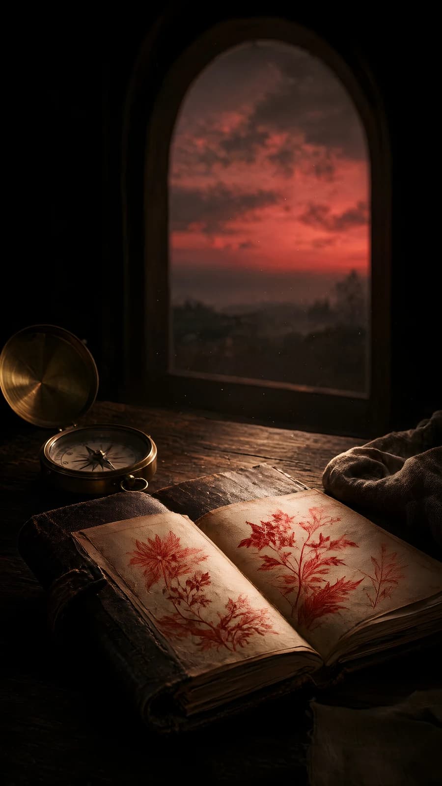 Open Book and Compass by a Window