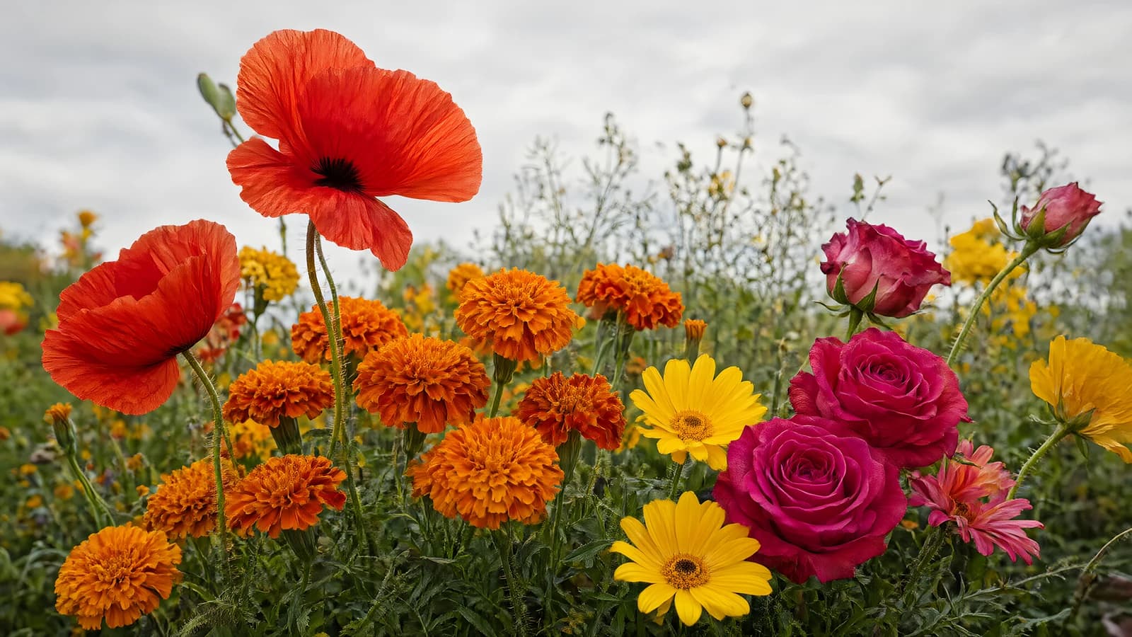 Garden of Poppies, Marigolds, and Roses