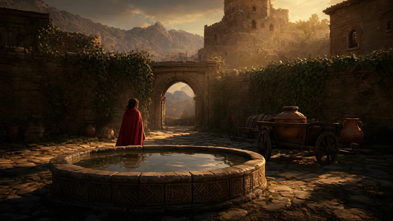 Figure in Red Cloak at Ancient Fountain