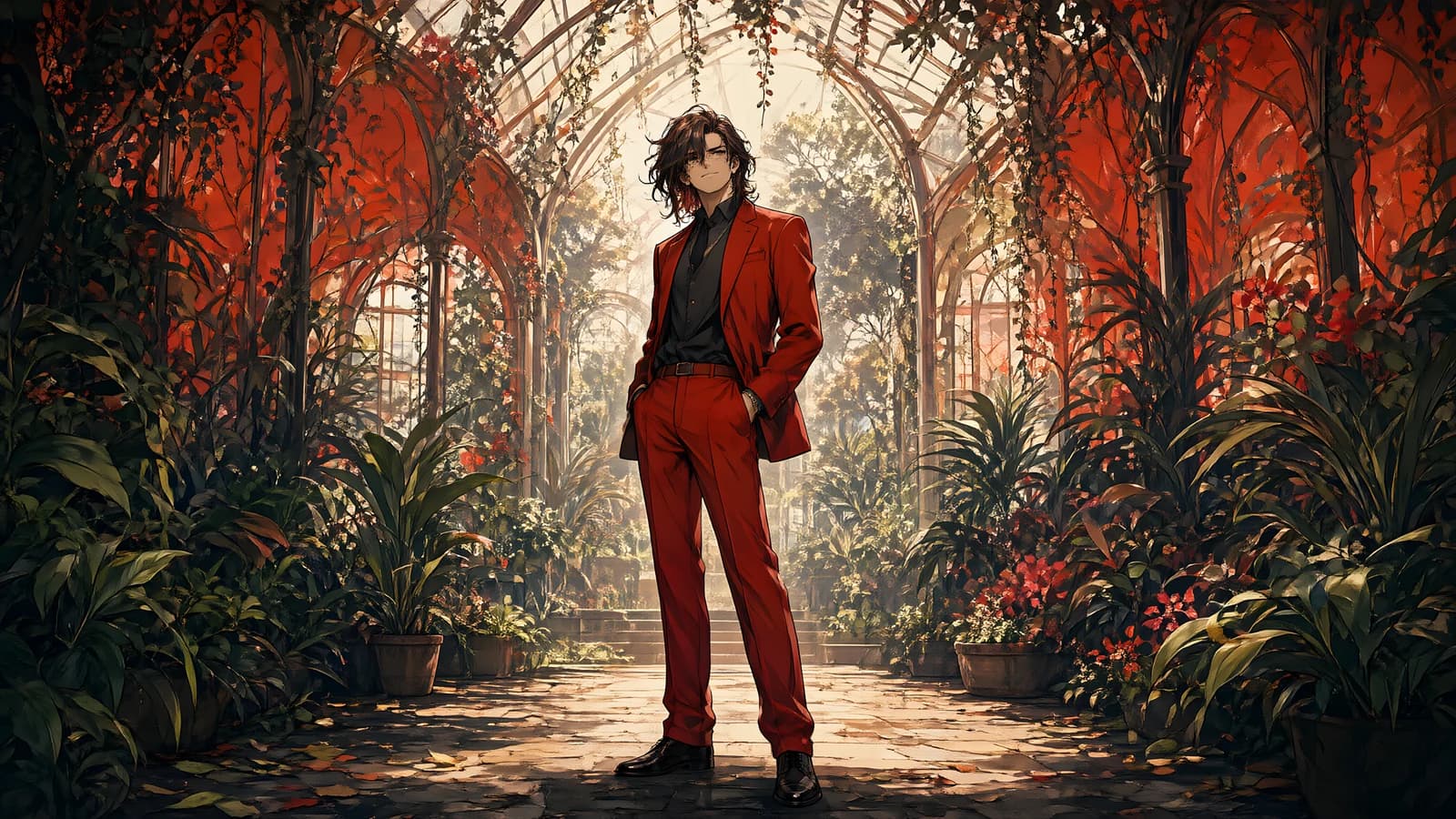 Man in Red Suit in Greenhouse
