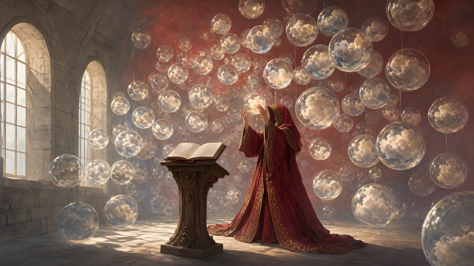 Figure in Red Robe Reaching for Floating Spheres