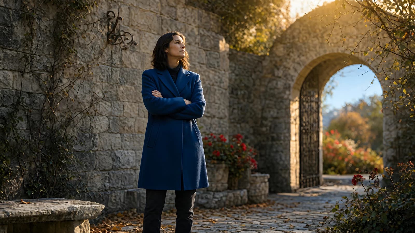 Woman in Blue Coat by Stone Arch