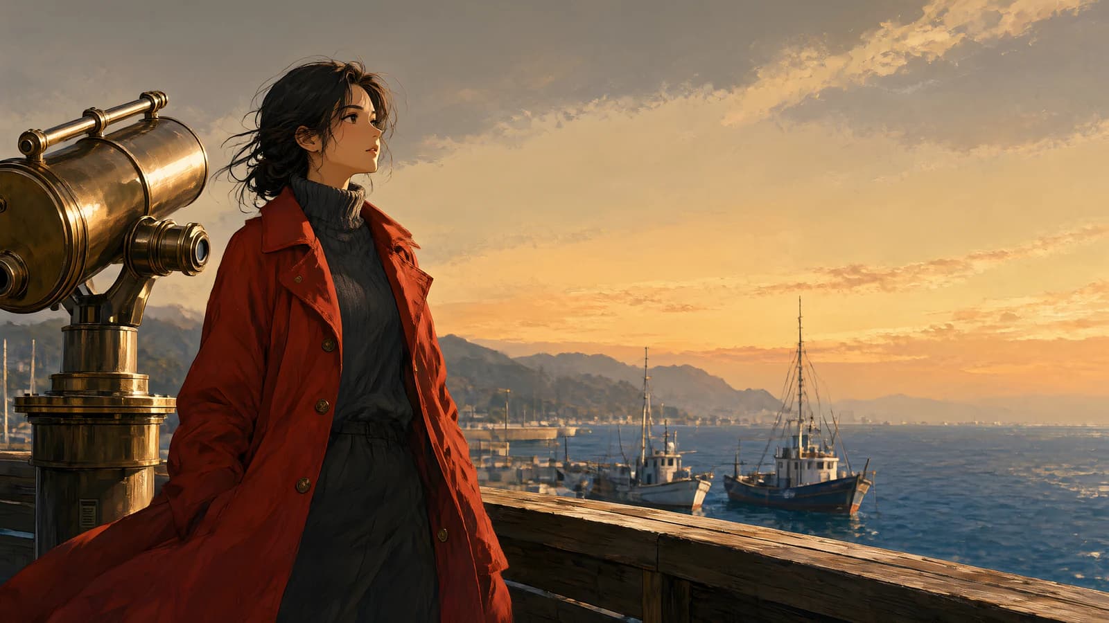 Woman in Red Coat at Harbor