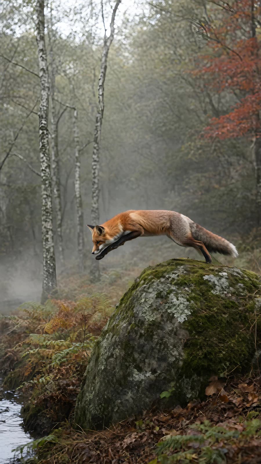 Fox Leaping in Misty Forest