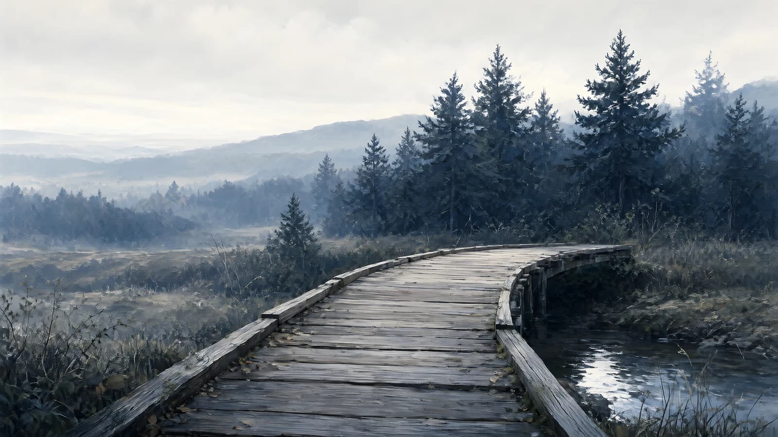 Wooden Boardwalk in Misty Forest