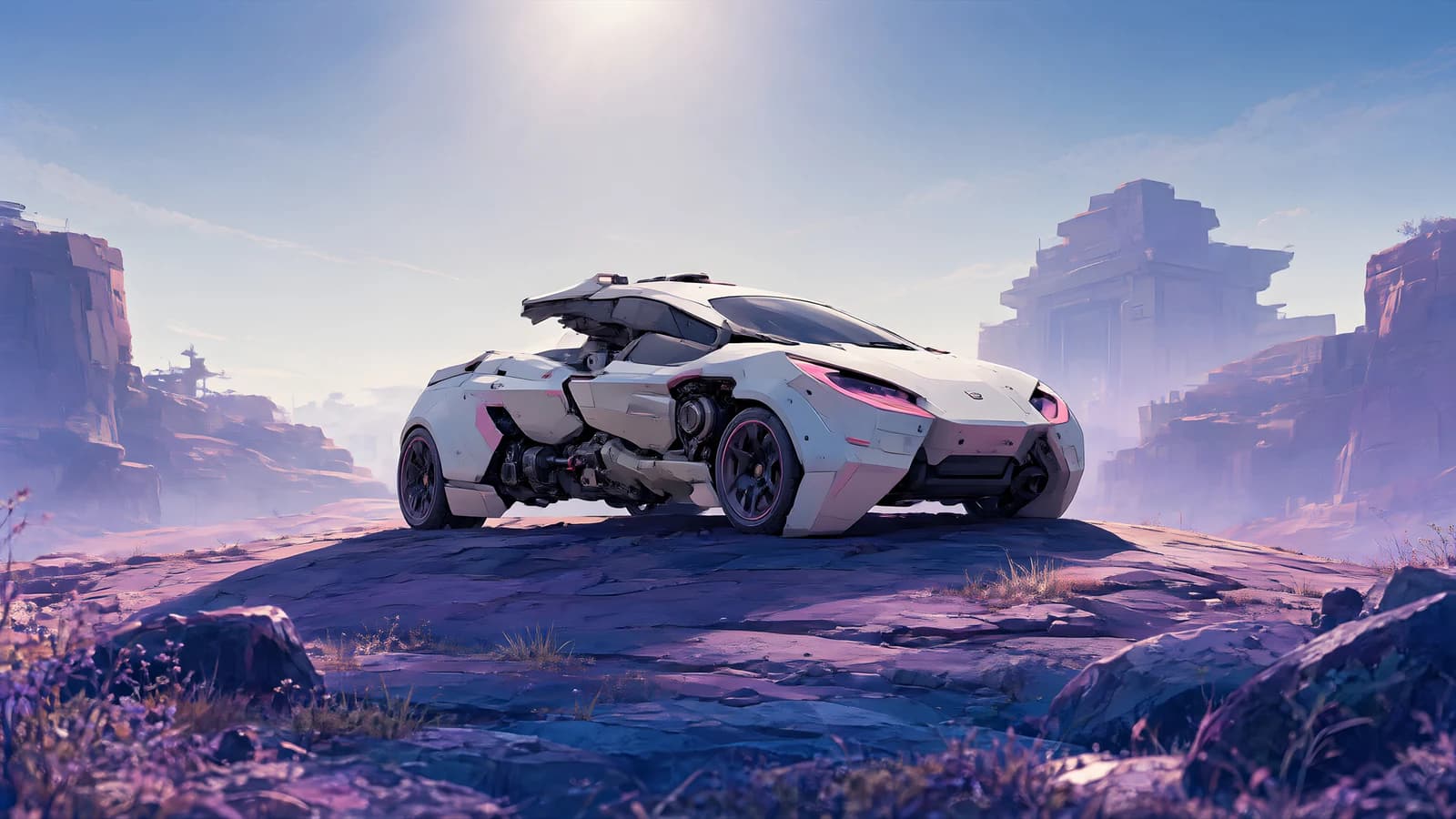 White Concept Car on Rocky Outcrop