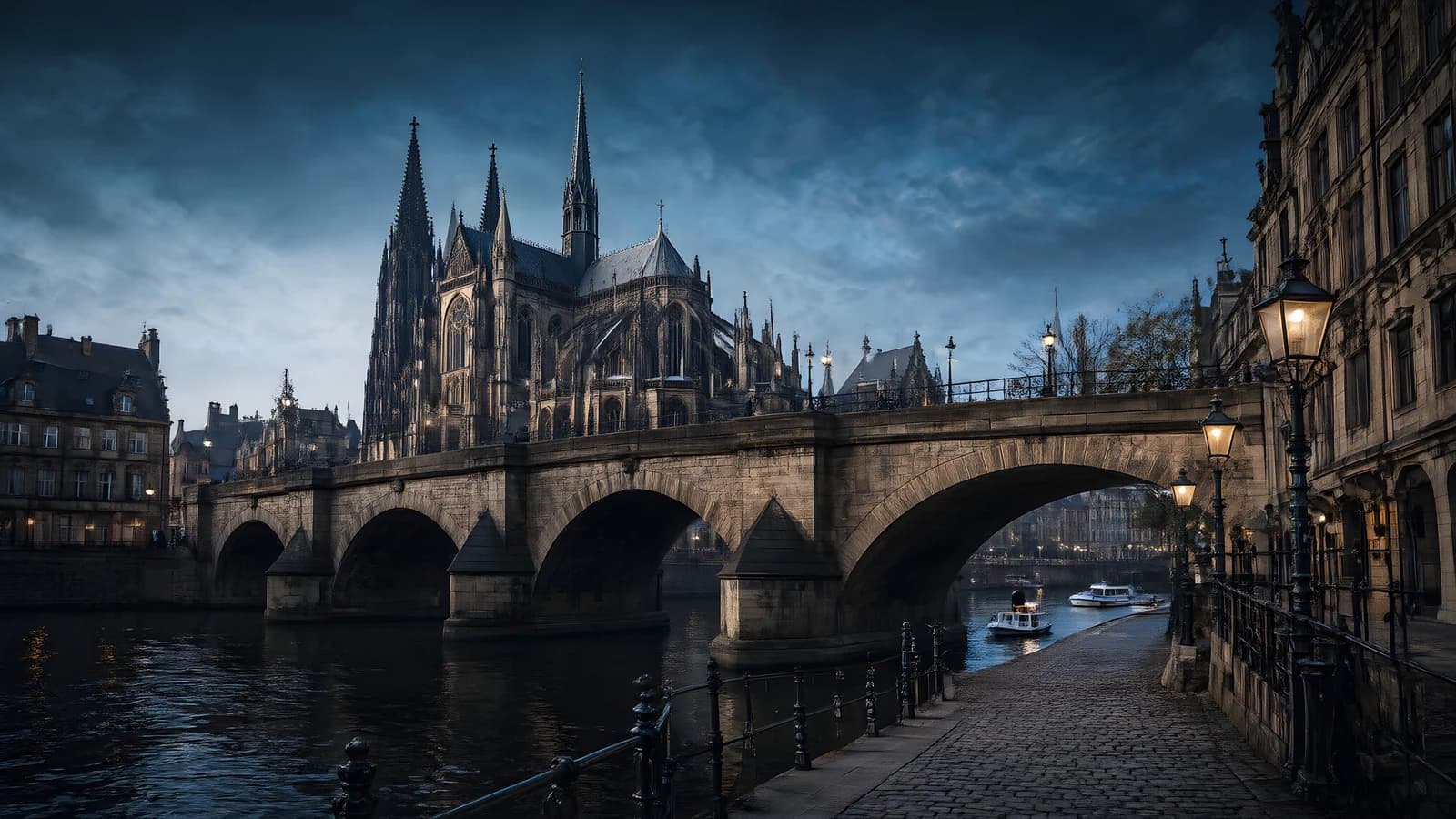 Gothic Cathedral and Stone Bridge at Dusk