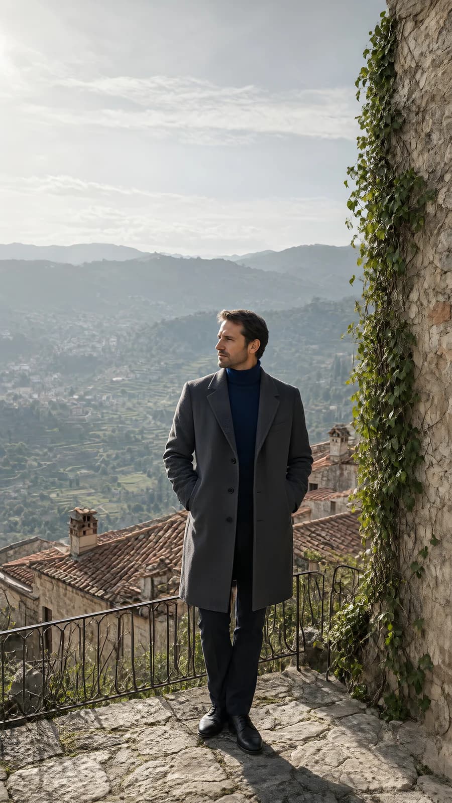 Man in Grey Coat on Stone Balcony