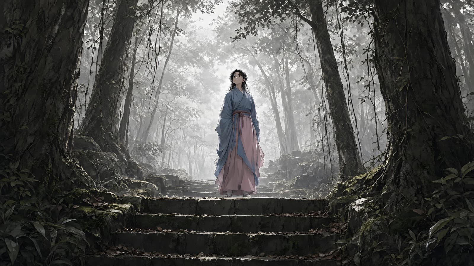 Figure in Traditional Robes on Forest Steps