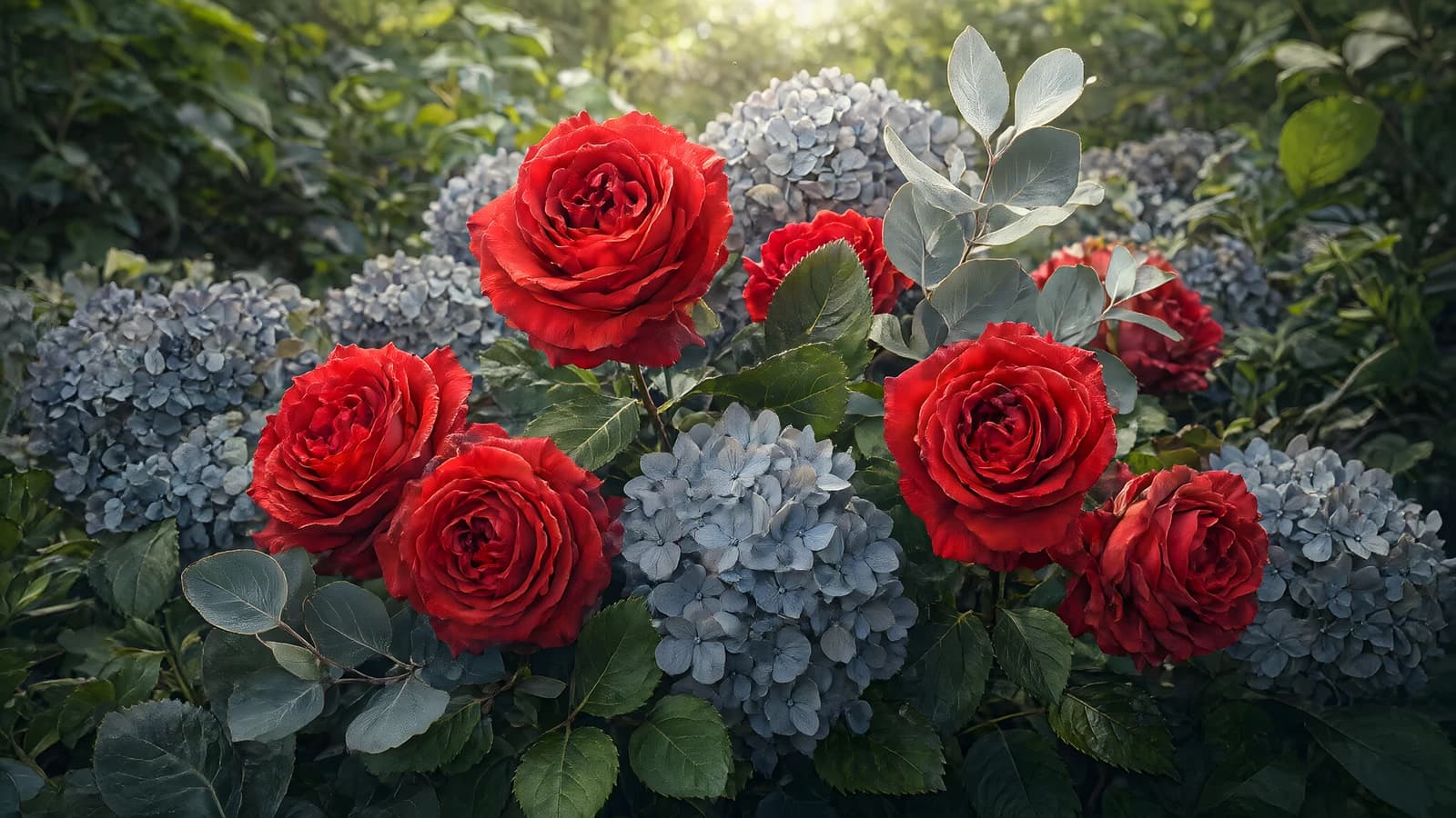 Red Roses and Blue Hydrangeas