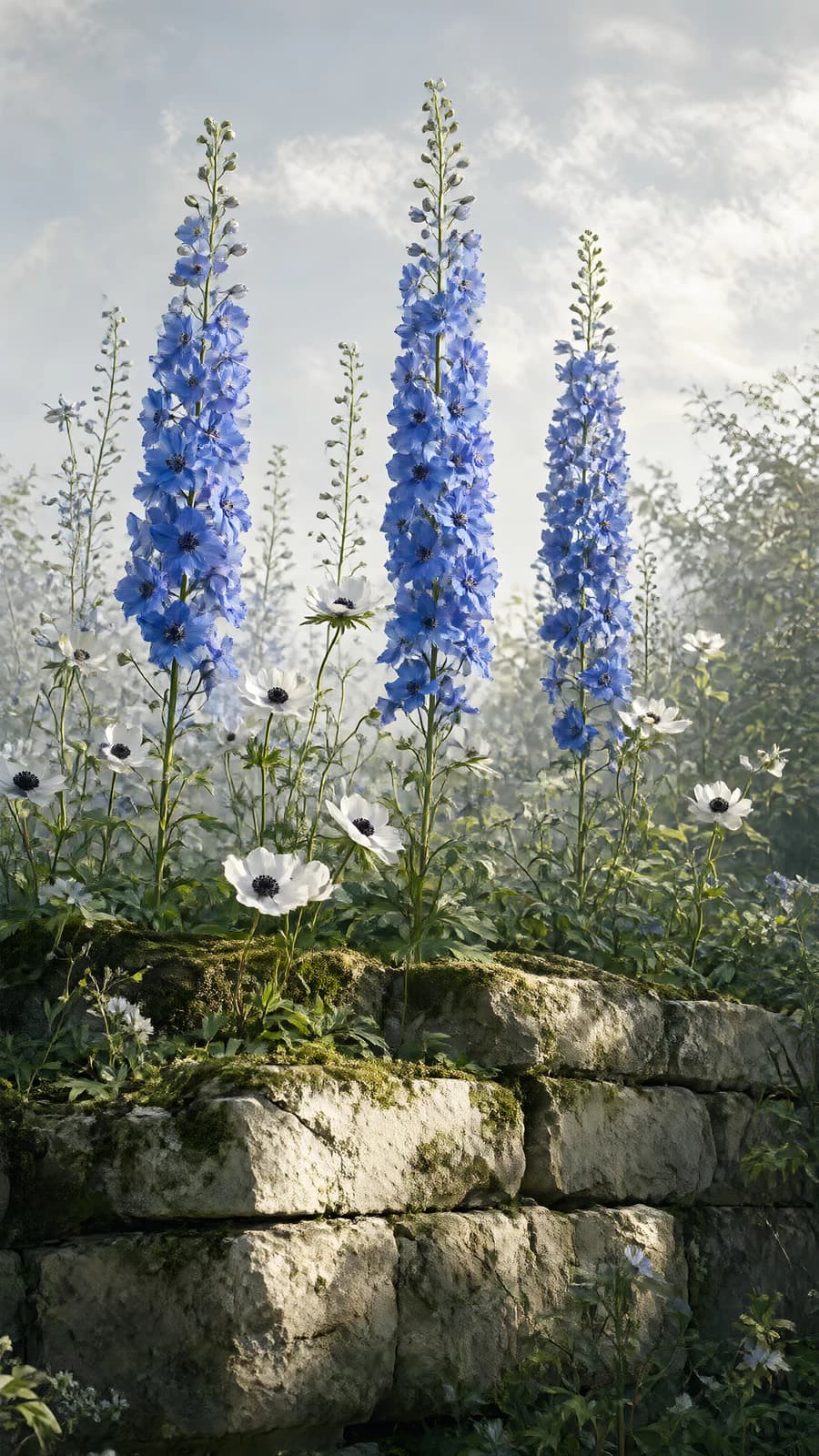 Blue Delphiniums on a Mossy Stone Wall