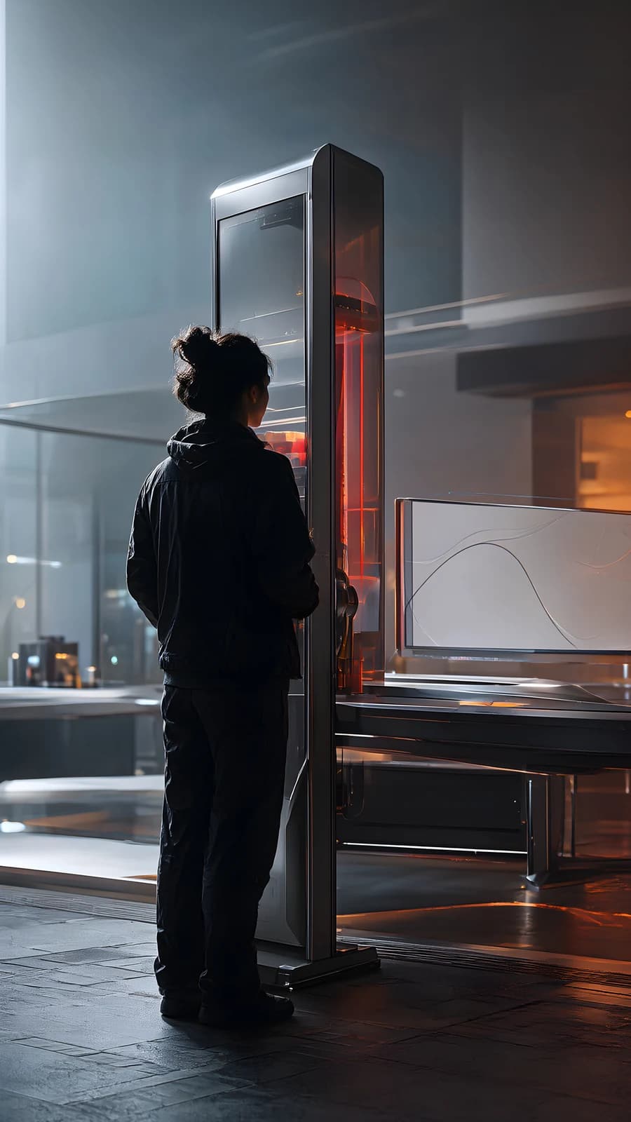 Person at a glowing kiosk
