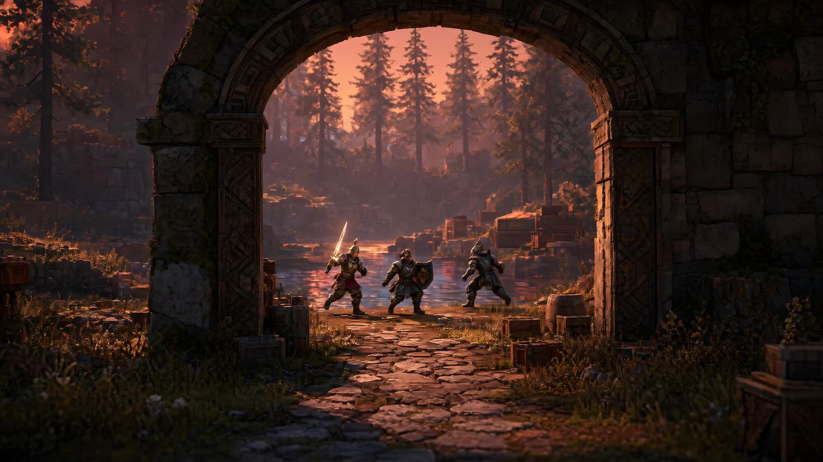 Three Warriors at a Stone Arch