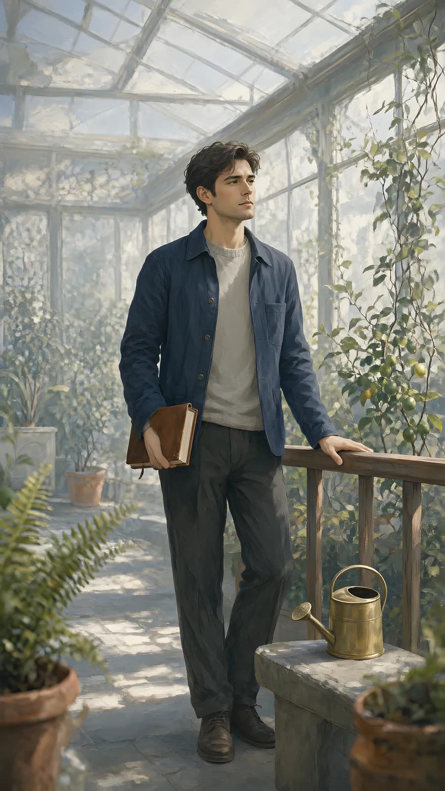 Man in a Sunlit Greenhouse