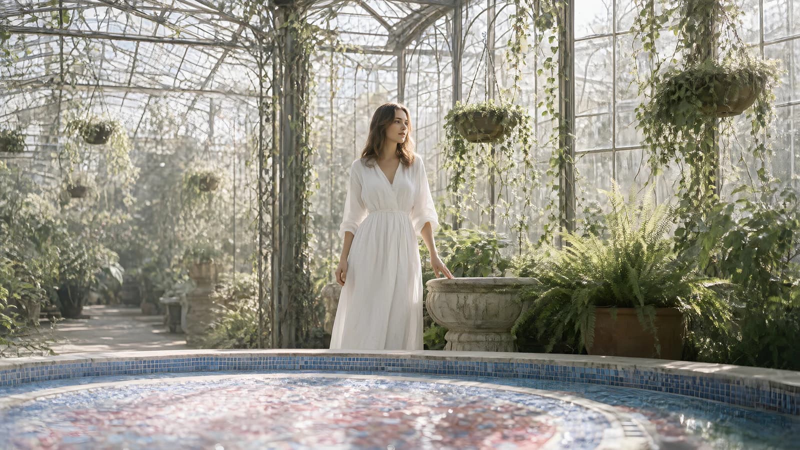 Woman in a White Dress in a Glasshouse