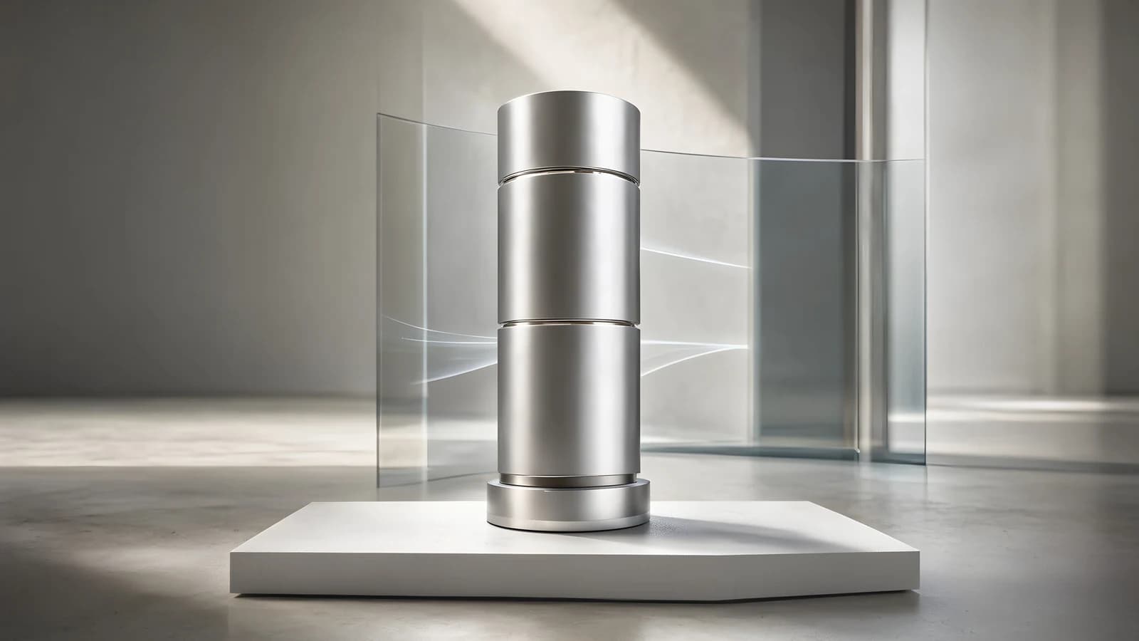 Silver Cylindrical Object on a White Pedestal
