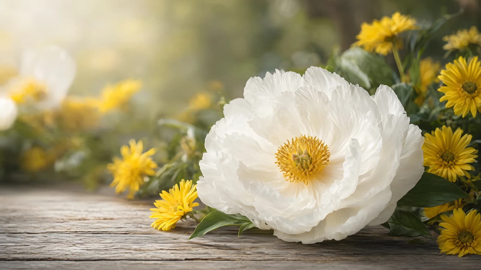 White Peony and Yellow Flowers