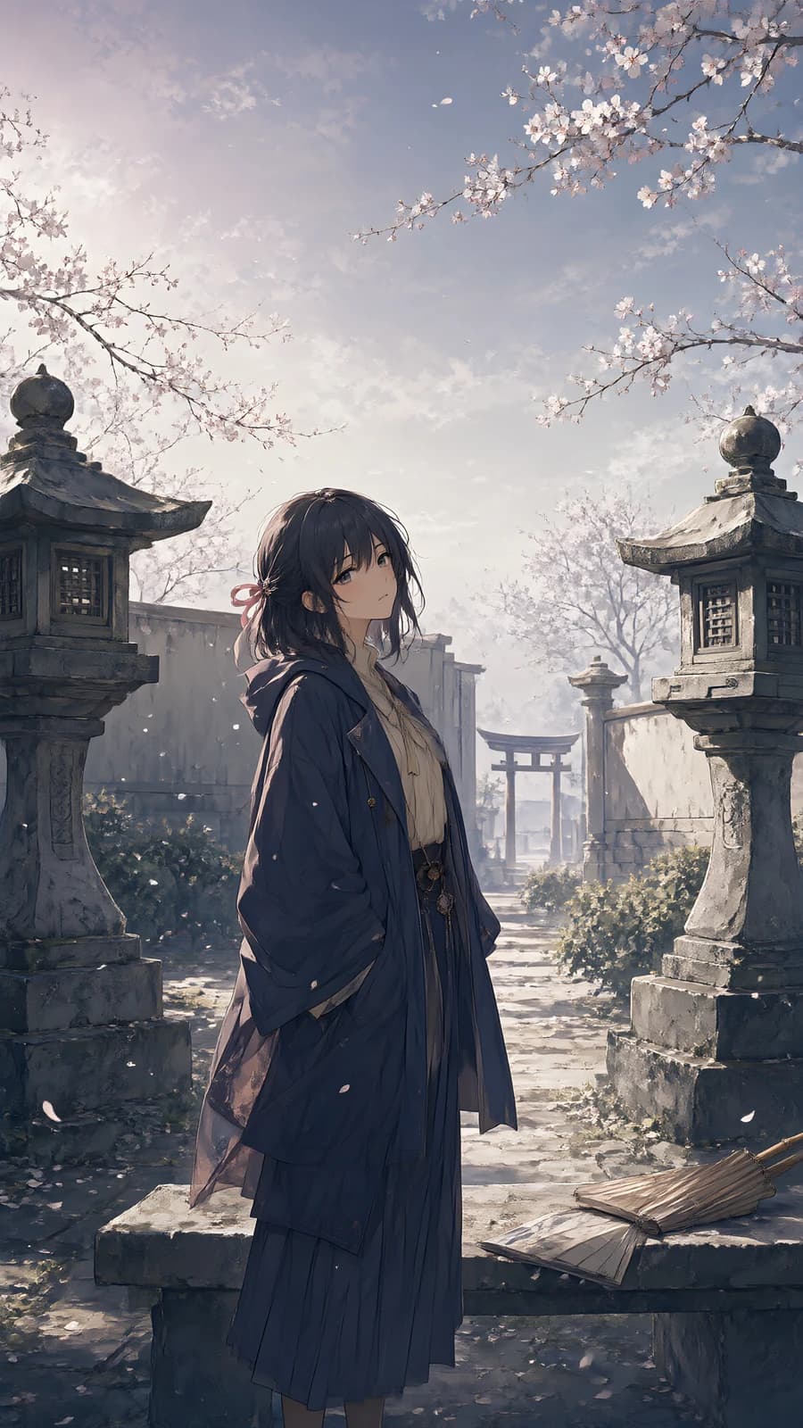 Anime Girl in a Temple Garden
