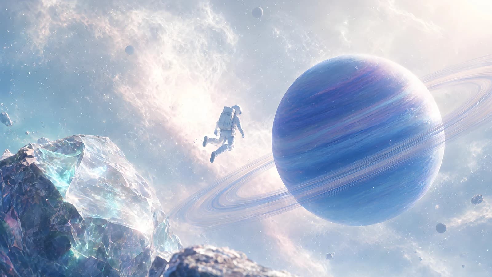 Astronaut Floating Near a Ringed Planet