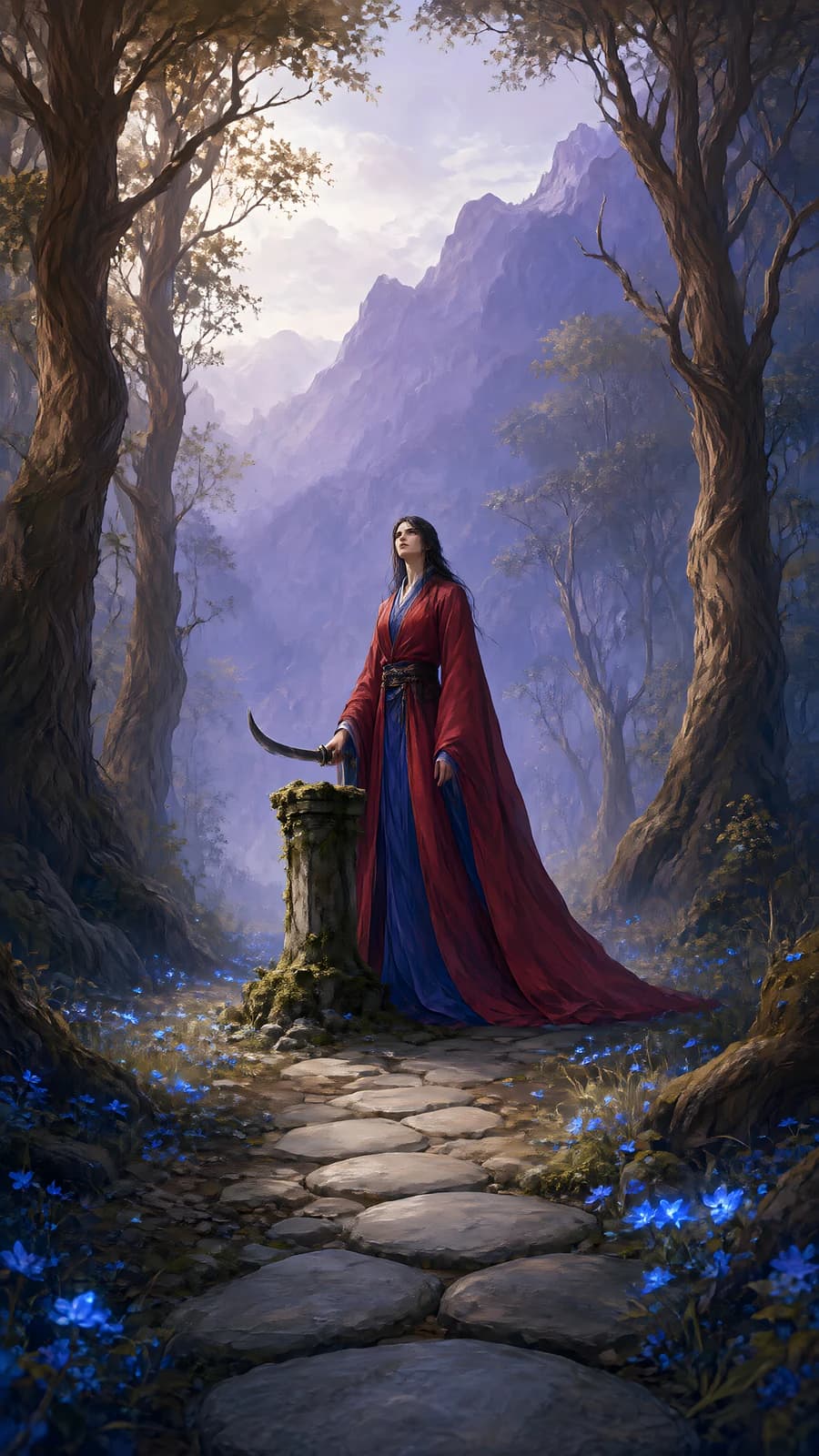 Figure in Red Robes in a Misty Forest