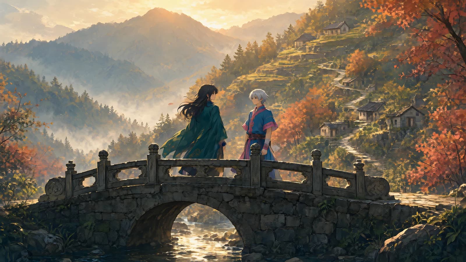 Two Figures on a Stone Bridge