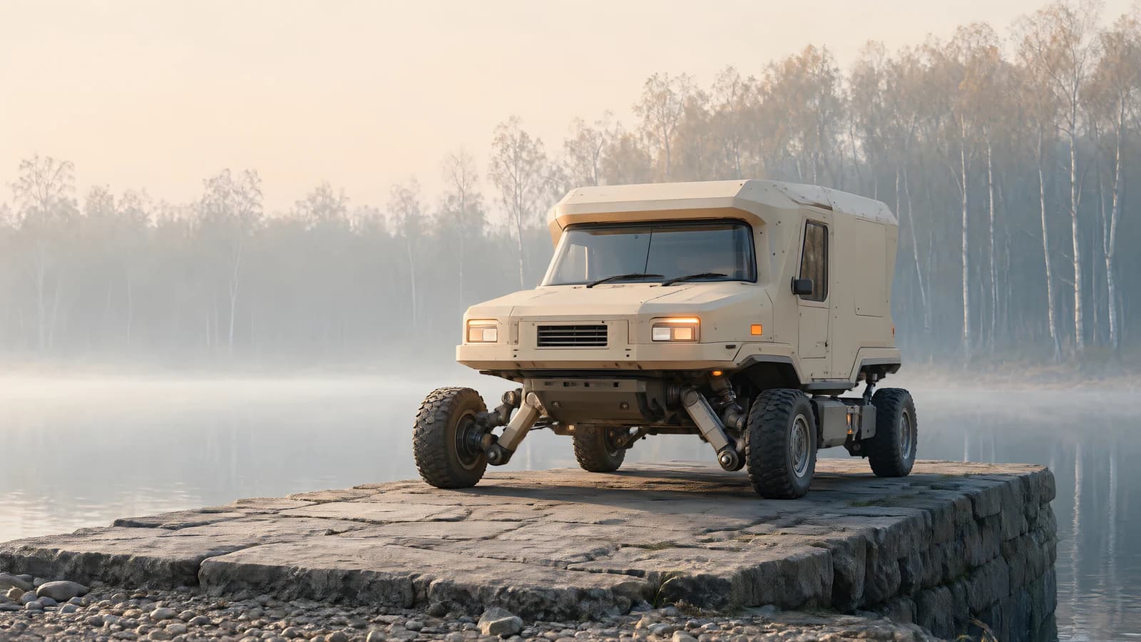 Stone Background Screen Beige Off-Road Vehicle on Stone Platform - Wallpaper.art