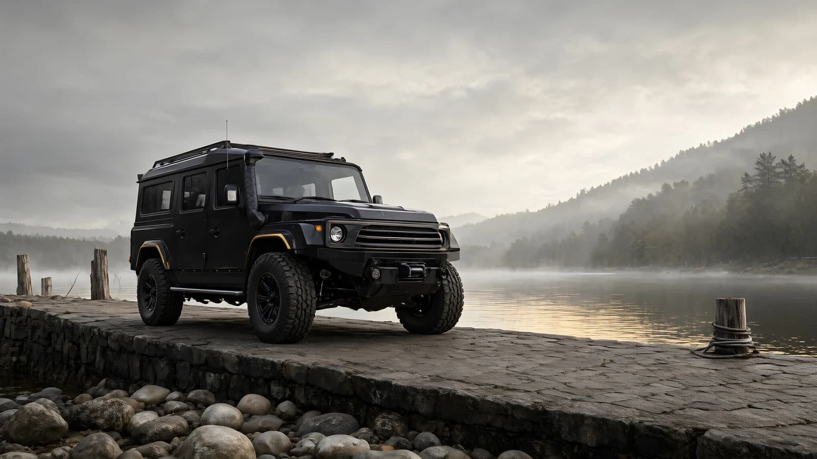 Stone Background Screen Black Off-Road SUV on a Stone Dock - Wallpaper.art