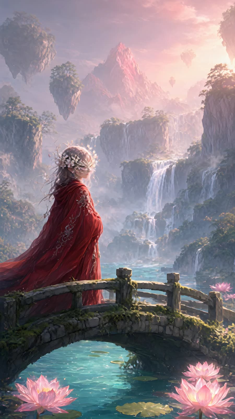 Stone Background Screen Figure in Red on a Stone Bridge - Wallpaper.art